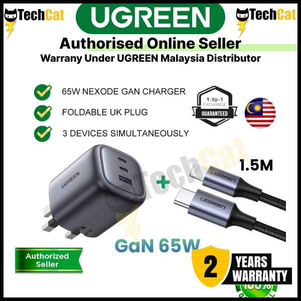UGREEN Nexode 65W GaN Wall Charger 3-Ports Malaysia UK 3 pin foldable With Type C to Type C 100W 1.5M Cable | Shopee Malaysia