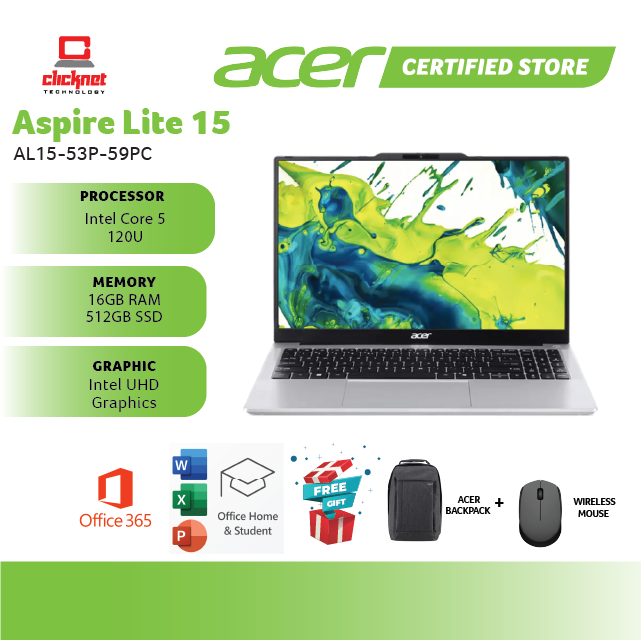 ACER ASPIRE LITE 15 AL15-53P-59PC LAPTOP (Intel Core 5 120U 16GB RAM 512GB SSD Intel 15.6" FHD SILVER- W11 H&S 2024+M365)