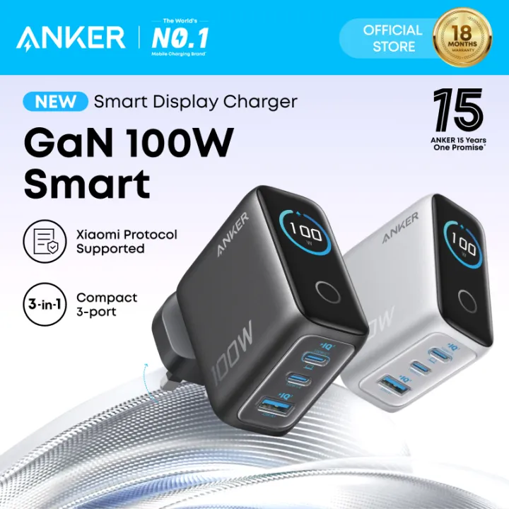 [New] Anker Charger 100W Max USB C Charger 3 Port GaN and Ultra-Compact Wall Adapter, Smart Display and Touch Control--B121B | Lazada Malaysia