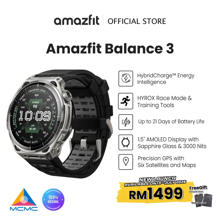 Amazfit Balance 3 Smart Watch, 48mm 1.5" AMOLED Sapphire Glass, 64GB Storage Offline Maps with GPS Navigation, 21-Day Battery & HYROX Fitness Tracker, 180+ Sports with 10ATM, Android & iOS. | Lazada Malaysia
