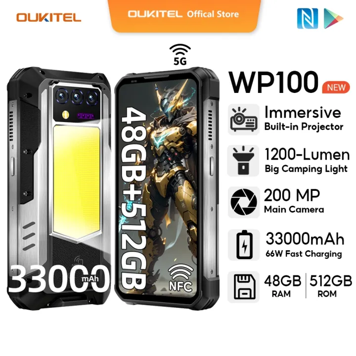 OUKITEL WP100 TITAN 36GB+512GB 33000mAh 100MP Camera 6.8” 120Hz 5G Mobiles Built-in Projector 66W fast chrag 2 Screen NFC Nano Fingerprint Unlock Handphone