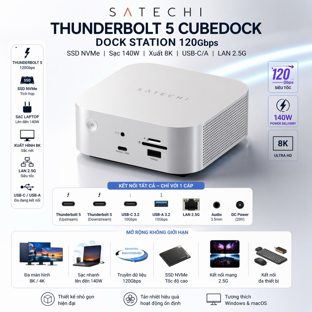 Satechi Thunderbolt 5 CubeDock 120Gbps Premium Expansion Dock, NVMe SSD Slot, 140W Charging, USB-C Output, 2.5G LAN | Shopee Malaysia