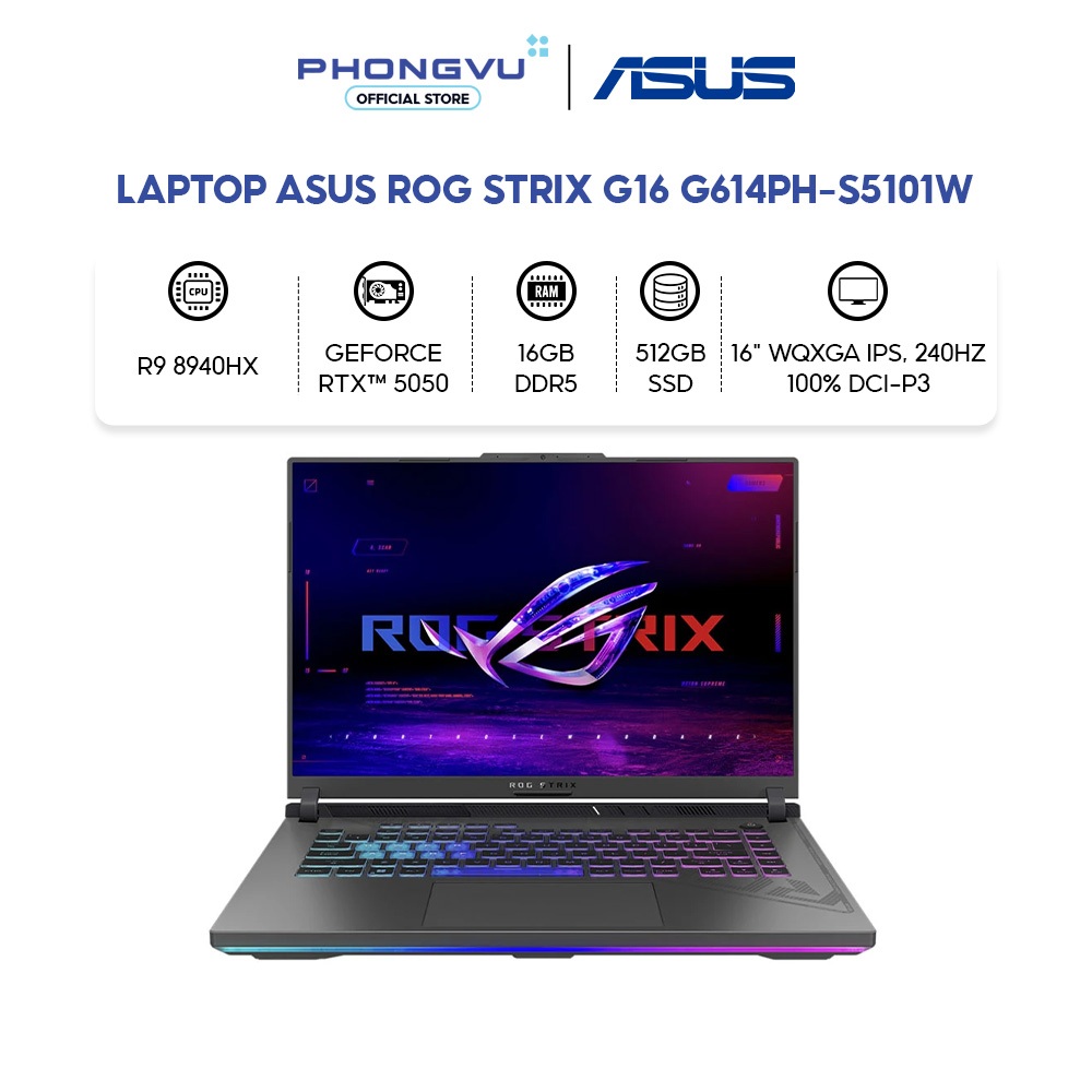 Laptop Gaming Asus ROG Strix G16 | Ryzen 9 8940HX, RTX 5050 8GB GDDR7, Màn 16" 2K 240Hz, 100% DCI-P3 | Shopee Việt Nam
