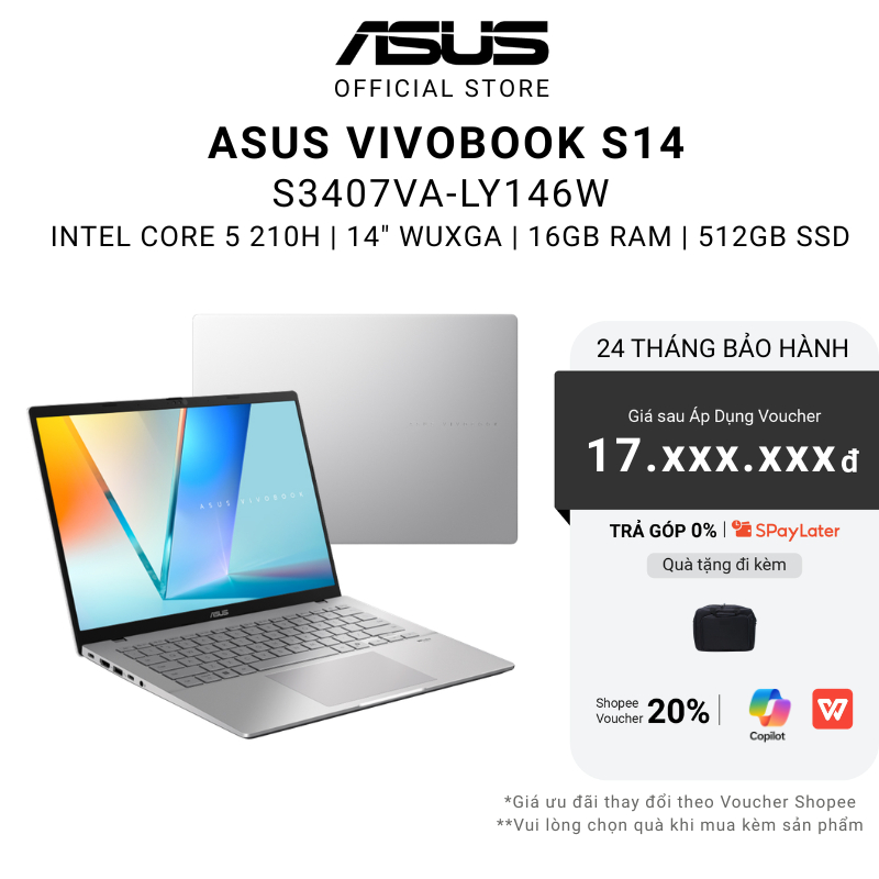 Laptop ASUS Vivobook S14 S3407VA-LY146W (Core 5 210H | 16GB | 512GB | Intel Graphics | 14" WUXGA) | Shopee Việt Nam
