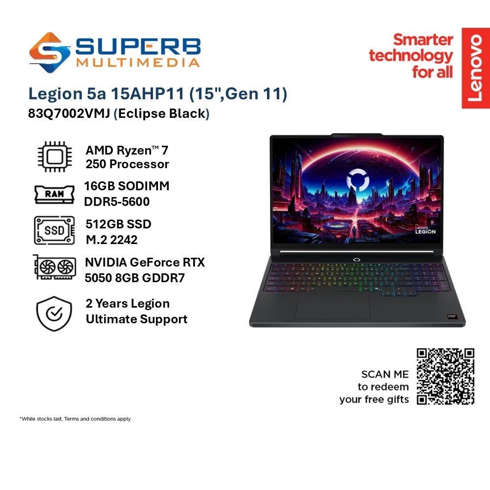 Lenovo Legion 5a 83Q7002VMJ AI-Powered Gaming Laptop (AMD Ryzen 7 250, 16GB RAM, 512GB SSD, NVIDIA® GeForce RTX™ 5050 8GB, 15.3'' OLED ,165Hz, Win11) | Shopee Malaysia