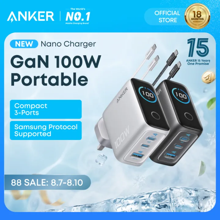 [New] Anker Charger 100W Max USB C Charger 3 Port GaN and Ultra-Compact Wall Adapter, Smart Display and Touch Control--B121B | Lazada Malaysia