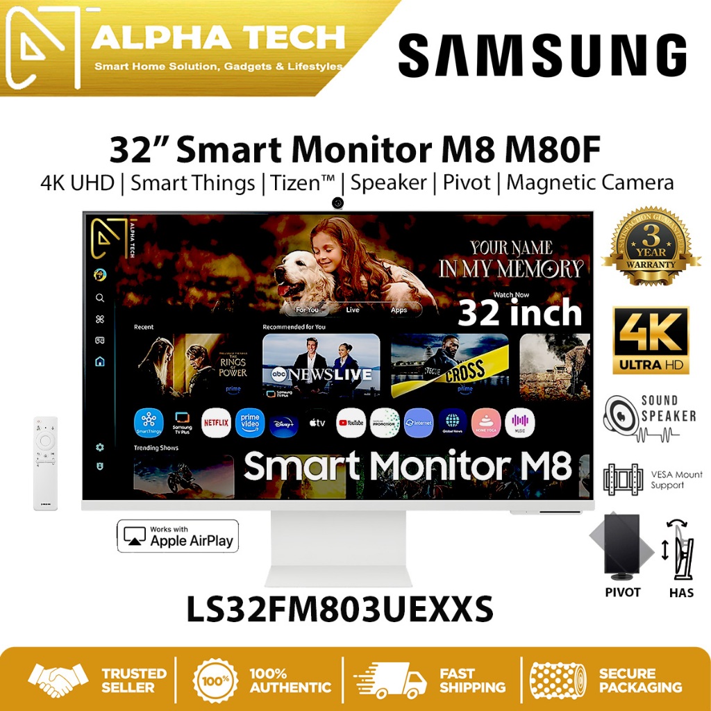 Samsung M8 Smart Monitor 32" - LS32FM803UEXXS | UHD | 4K | HDR10+ | Speaker | Pivot | Camera | Tizen | 3 Years Warranty | Shopee Malaysia