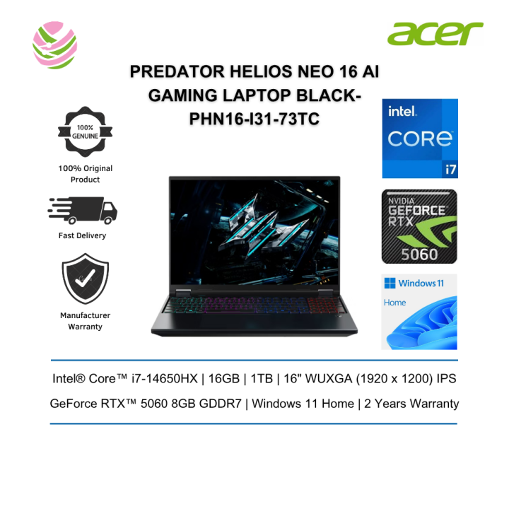 Acer Predator Helios Neo 16 Ai Gaming Laptops (Ci7-14650HX/ 16GB/ 1TB/ RTX5060 8GB/ WUXGA/ W11) PHN16-I31-73TC | Lazada Malaysia