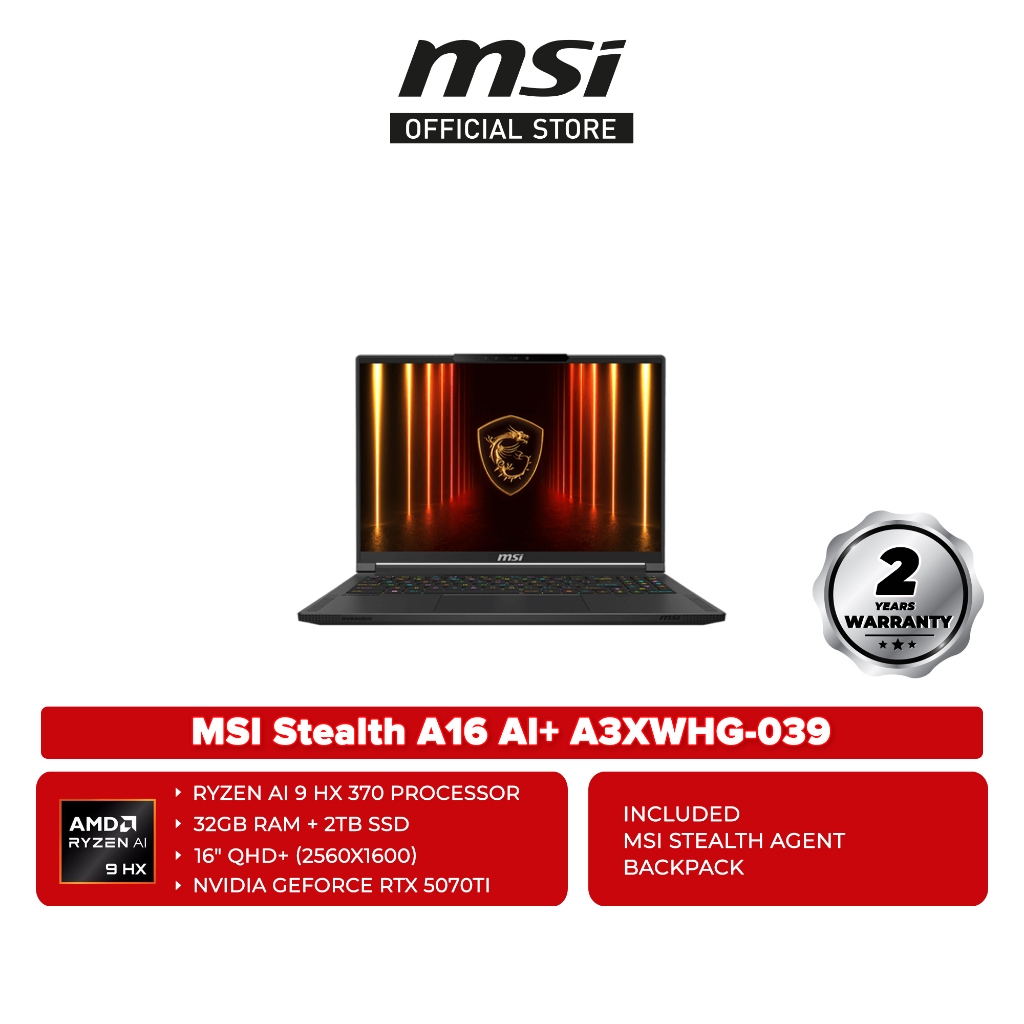 MSI Stealth A16 AI+ A3XWHG-039 16'' QHD+ Gaming Laptop ( Ryzen AI 9 HX 370 / RTX5070Ti ) | Shopee Malaysia
