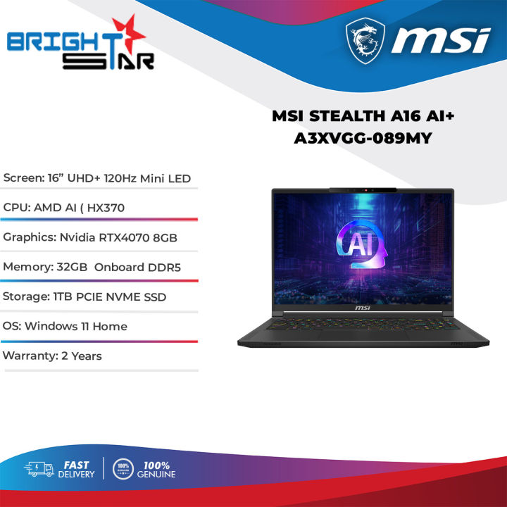 MSI Stealth A16 AI+ A3XVGG-089MY Gaming Laptop - 16" UHD+ 120Hz/Ryzen AI 9 HX370/32GB DDR5/1TB SSD/RTX4070/Win11/2Y | Lazada Malaysia