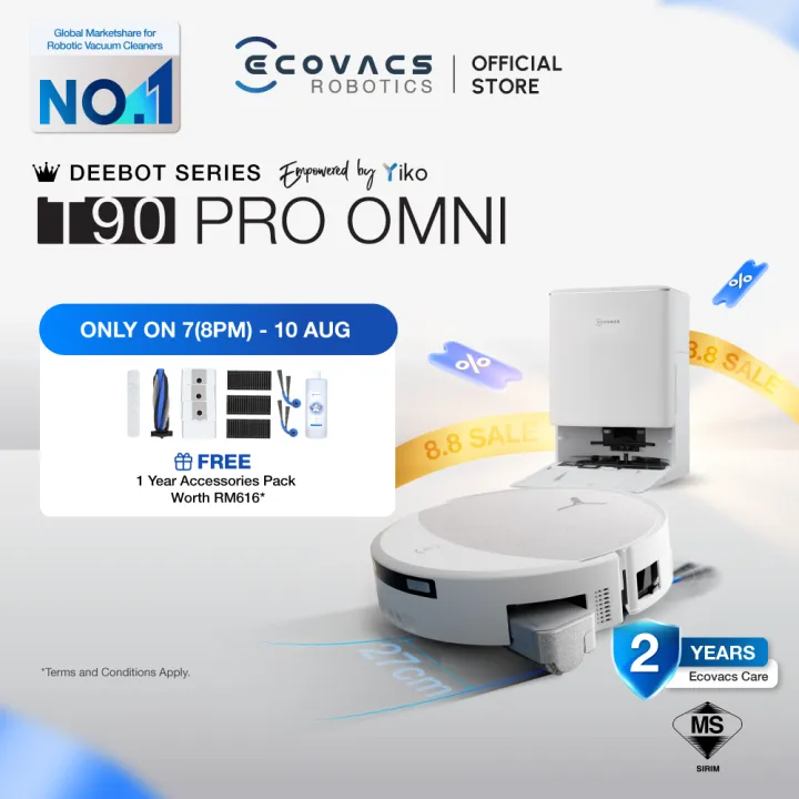 [2026 NEW] ECOVACS DEEBOT T90 Pro Omni Floor Washing Robot Vacuum| 30000PA | Ozmo Roller™ Mop 3.0 | PowerBoost Charging | ZeroTangle 4.0 Brush | 75°CHot Wash & Hot Air Drying | TruEdge Cleaning | TruePass 4cm Climb | Lazada Malaysia