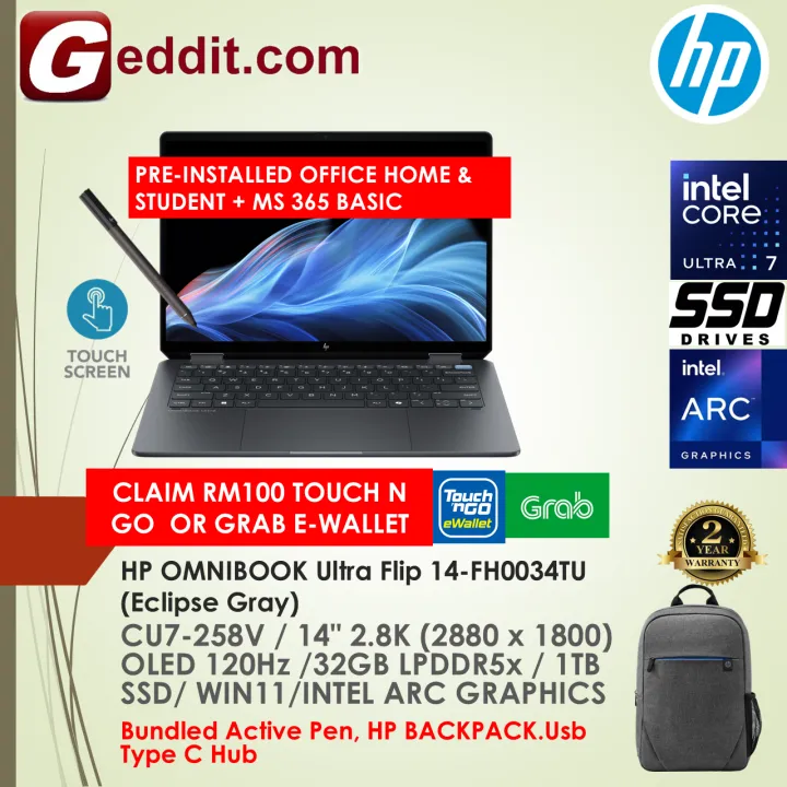 HP OMNIBOOK ULTRA FLIP 14-FH0034TU LAPTOP (CU7-258V,32GB,1TB SSD,14"2.8K OLED 120Hz,ARC GRAPHICS,WIN11)FREE BACKPACK + PRE-INSTALLED OFFICE H&S | Lazada Malaysia