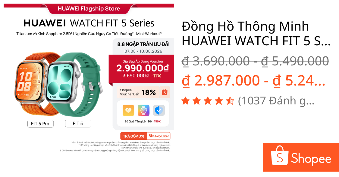 Đồng Hồ Thông Minh HUAWEI WATCH FIT 5 Series |Titanium & Kính Sapphire 2.5D| Nghiên Cứu Nguy Cơ Tiểu Đường| Mini-Workout | Shopee Việt Nam