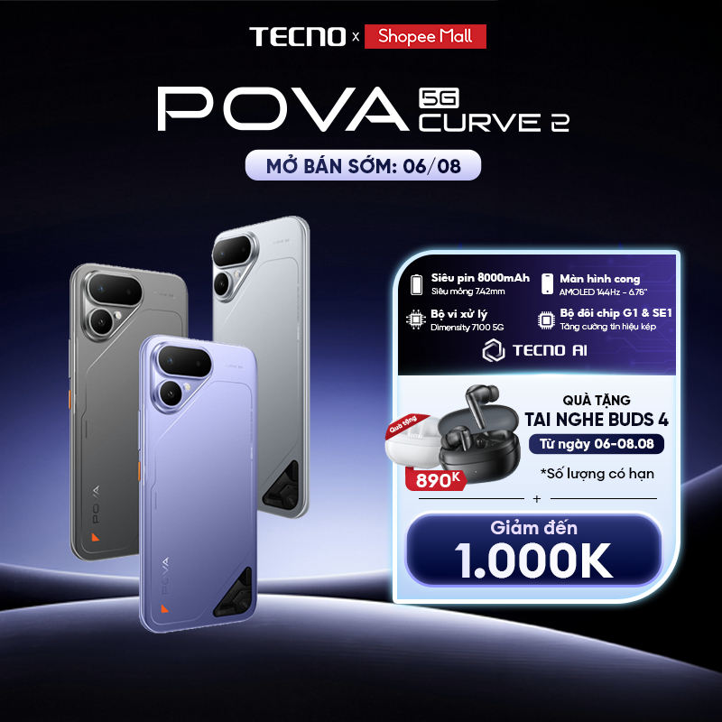 [MỞ BÁN 6/8-8/8] Điện thoại TECNO POVA Curve 2 5G (8+8)GB/128GB - Siêu Pin 8000mAh | Siêu Mỏng | Màn cong AMOLED 144Hz | Shopee Việt Nam