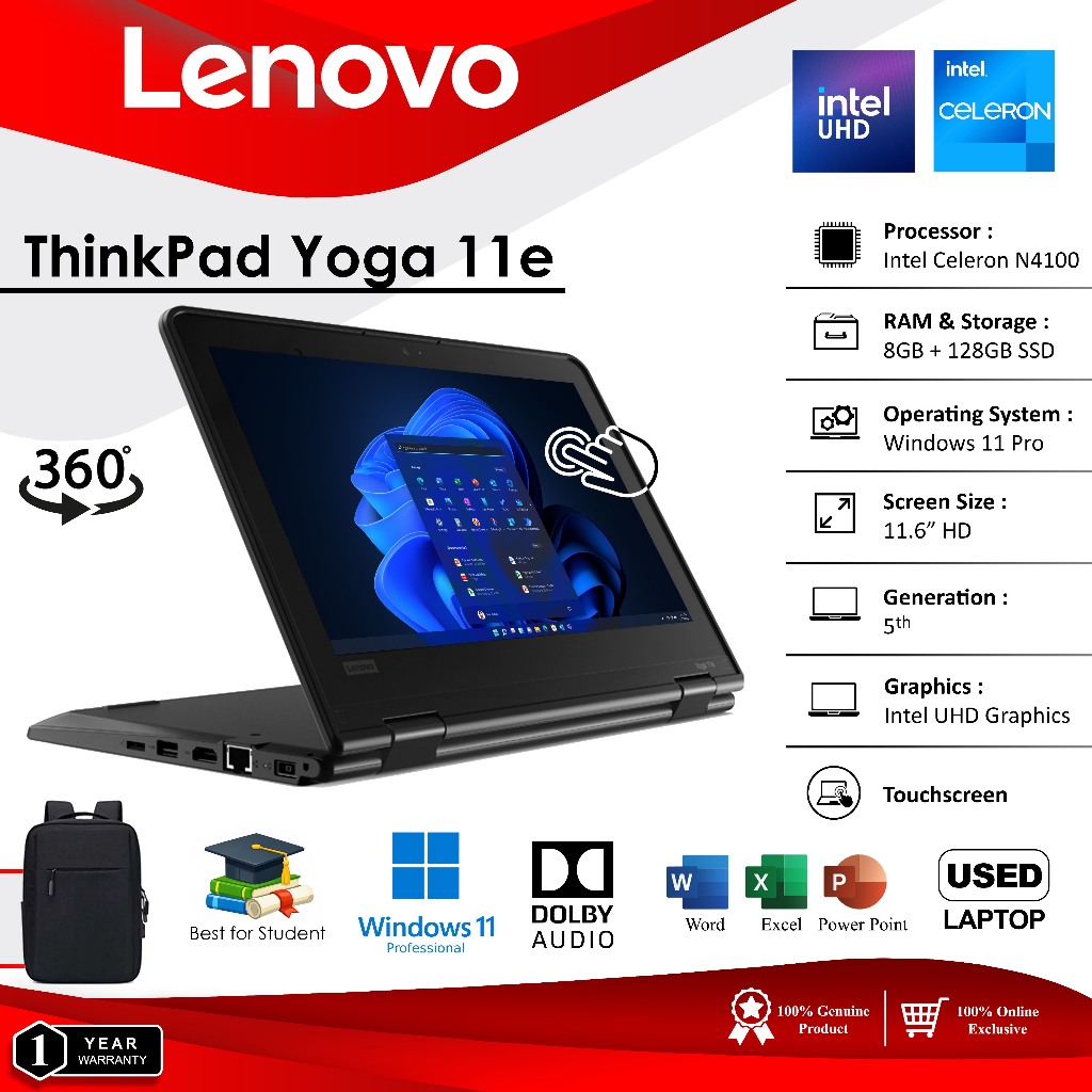 Lenovo Yoga 11e 5th Gen Celeron 8GB RAM 128GB SSD Touchscreen X360 Lightweight Student Business 1 Year Warranty | Shopee Malaysia
