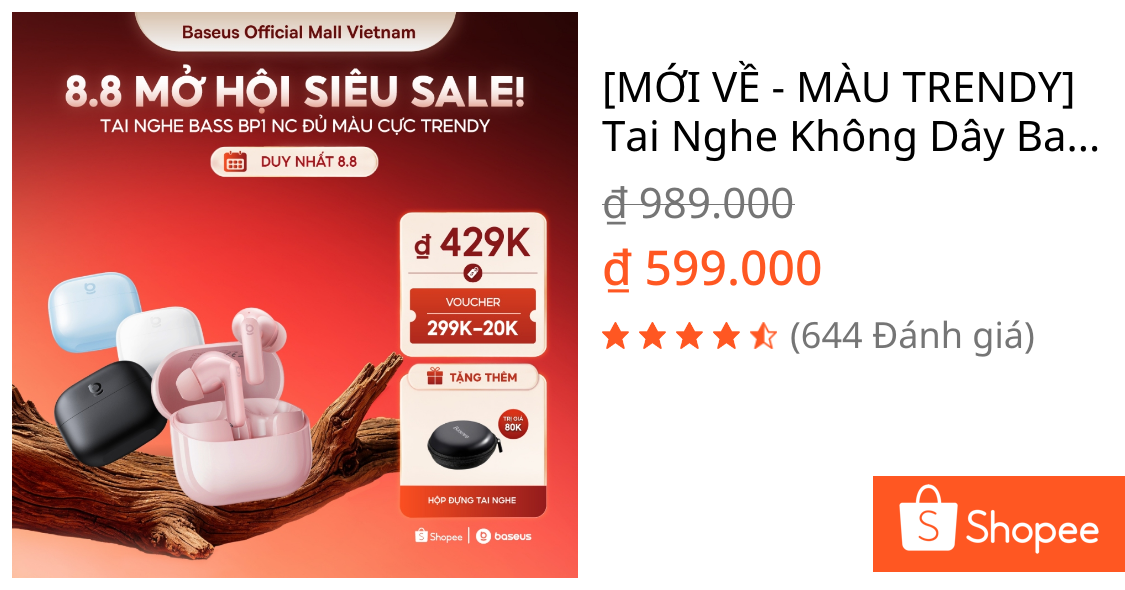 [MỚI VỀ - MÀU TRENDY] Tai Nghe Không Dây Baseus BP1 NC Chống Ồn Thông Minh,Chống Nước,Pin 41h,Chill Trọn Mọi Khoảnh Khắc | Shopee Việt Nam