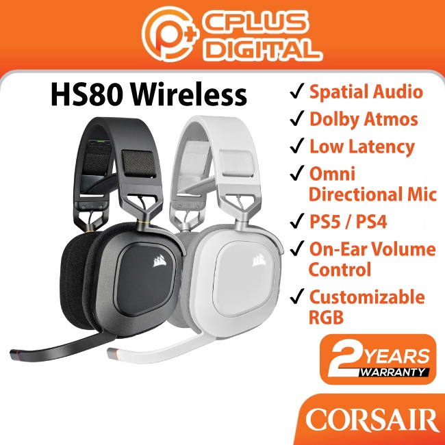 Corsair HS80 Wireless Gaming Headset Premium Spatial Audio Dolby Atmos Low Latency Omni Directional Mic PS5 PS4 RGB