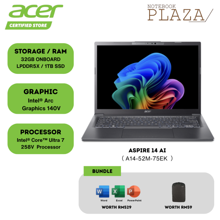 Acer Aspire 14 AI A14-52M-51NE/ AI A14-52M-75EK 14" WUXGA Laptop Steel Grey ( CU5/CU7, 16/32GB, Intel, W11, HS+M365 ) | Lazada Malaysia