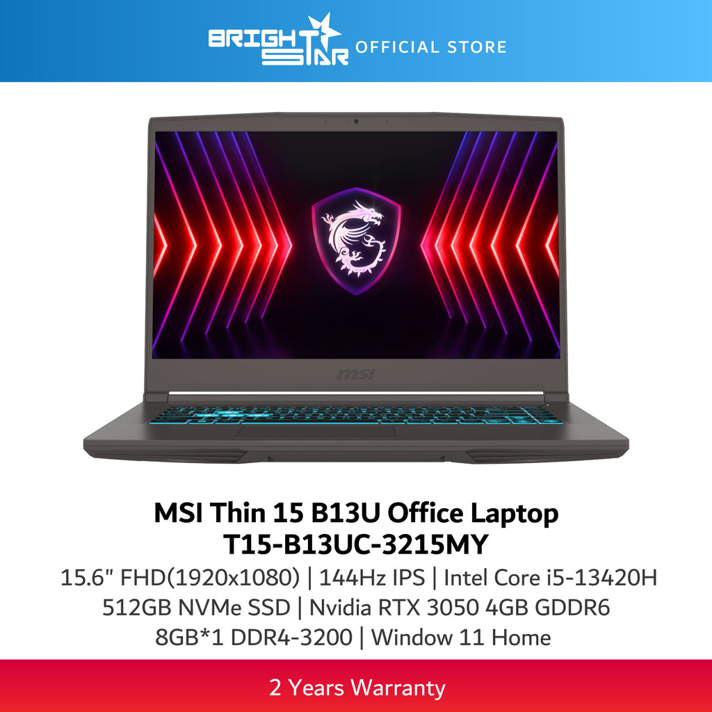 MSI Thin 15 B13UC 3215 (15.6" FHD IPS 144Hz/i5-13420H/8GB DDR4/512GB SSD/RTX3050/Win11/2Y) - T15-B13UC-3215MY | Shopee Malaysia