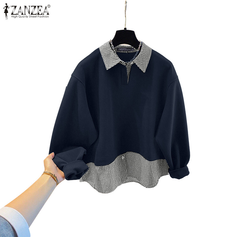 ZANZEA Women's Korean-Inspired Lapel Long-Sleeve Plaid One-Piece Sweatshirt | Shopee Malaysia