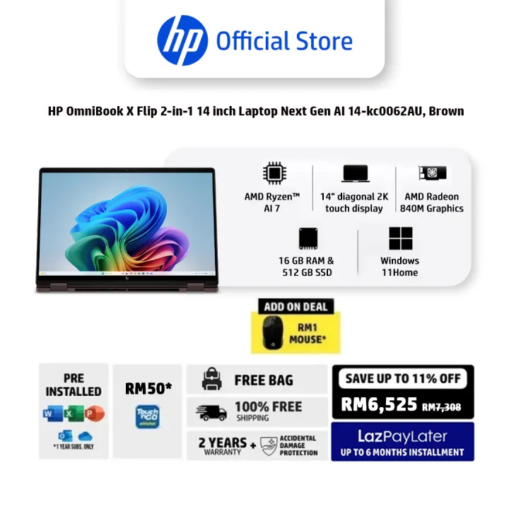 HP OmniBook X Flip 2-in-1 14 inch Laptop Next Gen AI 14-kc0062AU 14-kc0063AU | AMD Ryzen AI 7 | AMD Radeon 840M | 16 GB RAM | 512 GB SSD | Windows 11 Home | 2 Years Onsite Warranty + ADP