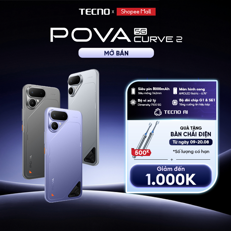 [MỚI] Điện thoại TECNO POVA Curve 2 5G (8+8)GB/128GB - Siêu Pin 8000mAh | Siêu Mỏng | Màn cong AMOLED 144Hz | Shopee Việt Nam