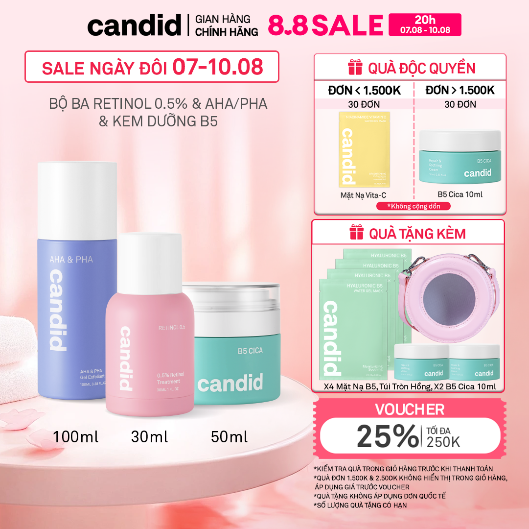Bộ Ba Hỗ Trợ Cải Thiện Và Phục Hồi Da Candid Retinol 0.5% 30ml & Kem Dưỡng B5 Cica 50ml & AHA/PHA 100ml