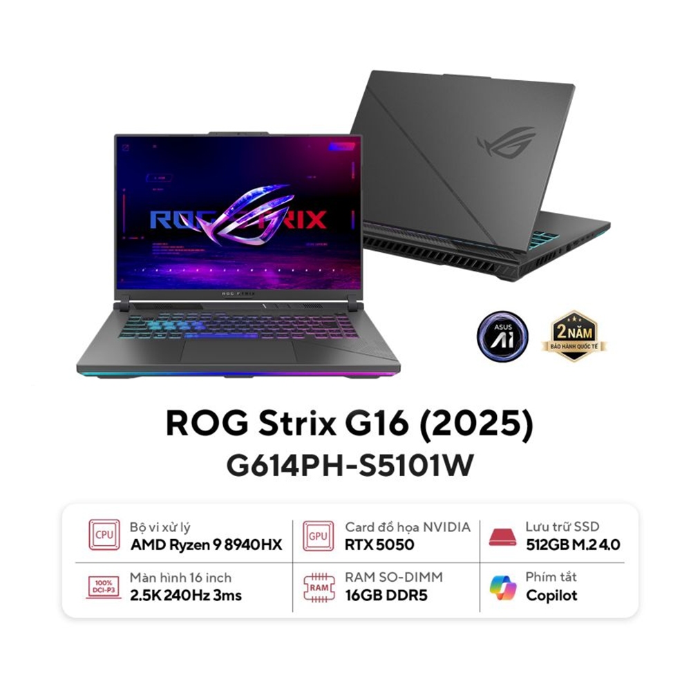 Laptop ASUS ROG Strix G16 G614PH-S5101W (AMD Ryzen 9 8940HX | RTX 5050 8GB | 16 inch WQXGA 240Hz| 16GB | 512GB | Win 11) | Shopee Việt Nam