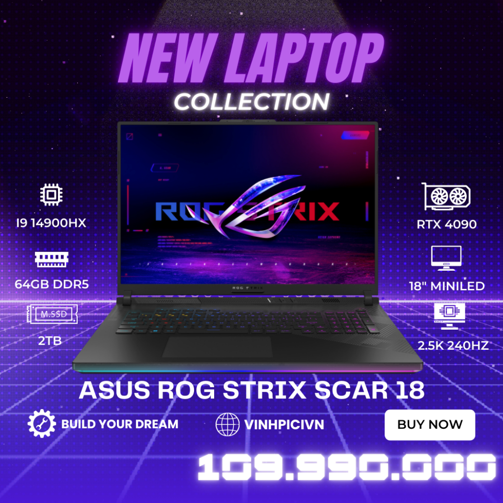 Laptop Asus ROG Strix Scar 18 2024 G834 (i9-14900HX/ RTX 4090/ Ram 64GB/ SSD 2TB/ 18" 2.5K MiniLED 240Hz) | Shopee Việt Nam