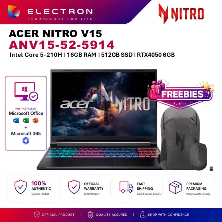 Acer Nitro V 15 ANV15-52-5914 15.6" FHD 165Hz Gaming Laptop (NVIDIA® GeForce RTX™ 4050 C5-210H 32GB 512GB SSD W11 HS+M365)