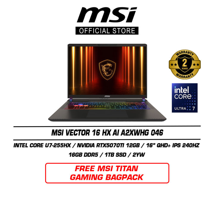 MSI Vector 16 HX AI A2XWHG 046 (16" QHD+ IPS 240Hz | U7-255HX | 16GB DDR5 | 1TB SSD | RTX5070Ti | Win11 | 2Y) | Lazada Malaysia