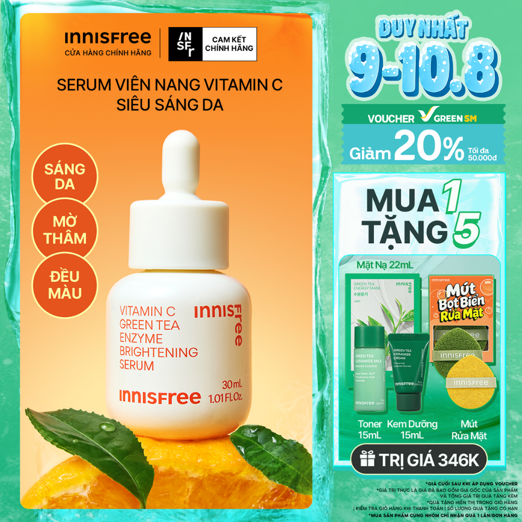 Serum Vitamin C sáng da, mờ thâm mụn INNISFREE Green Tea Enzyme Brightening Serum 30ml | Shopee Việt Nam