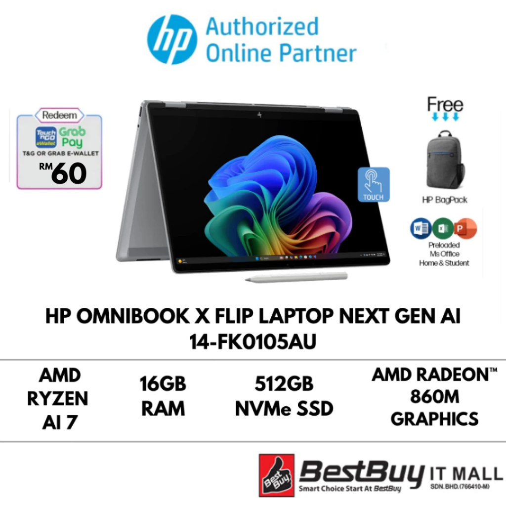 HP OmniBook X Flip Laptop Next Gen AI 14-fk0101AU / 14-fk0105AU ( Ryzen AI 5/Ryzen AI 7 , 16GB RAM , 512GB SSD, 14 INCH TOUCH) | Shopee Malaysia