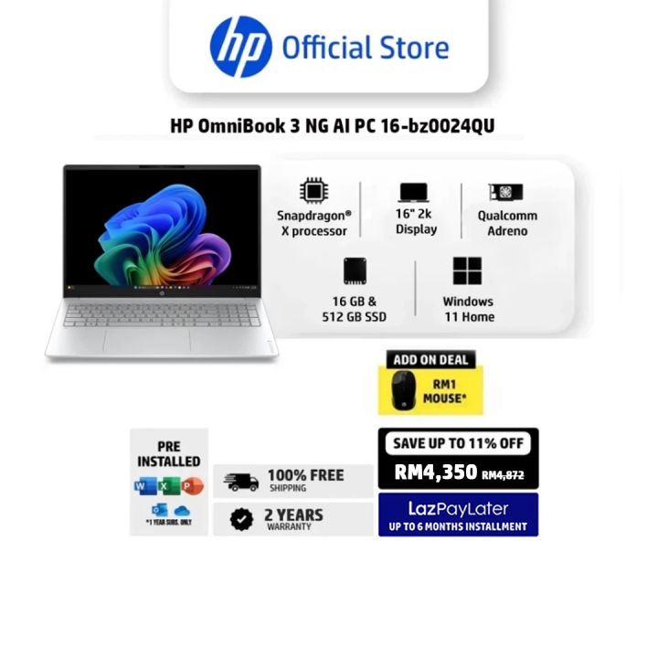 HP OmniBook 3 Laptop Next Gen AI 16-bz0024QU Silver | Snapdragon X | Qualcomm Adreno | 16 GB RAM | 512 GB SSD | Windows 11 Home