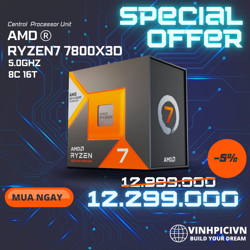 CPU AMD Ryzen 7 7800X3D ( 4.2GHz Boost 5.0GHz / 8 nhân 16 luồng / 104MB / AM5) [NEW] | Shopee Việt Nam