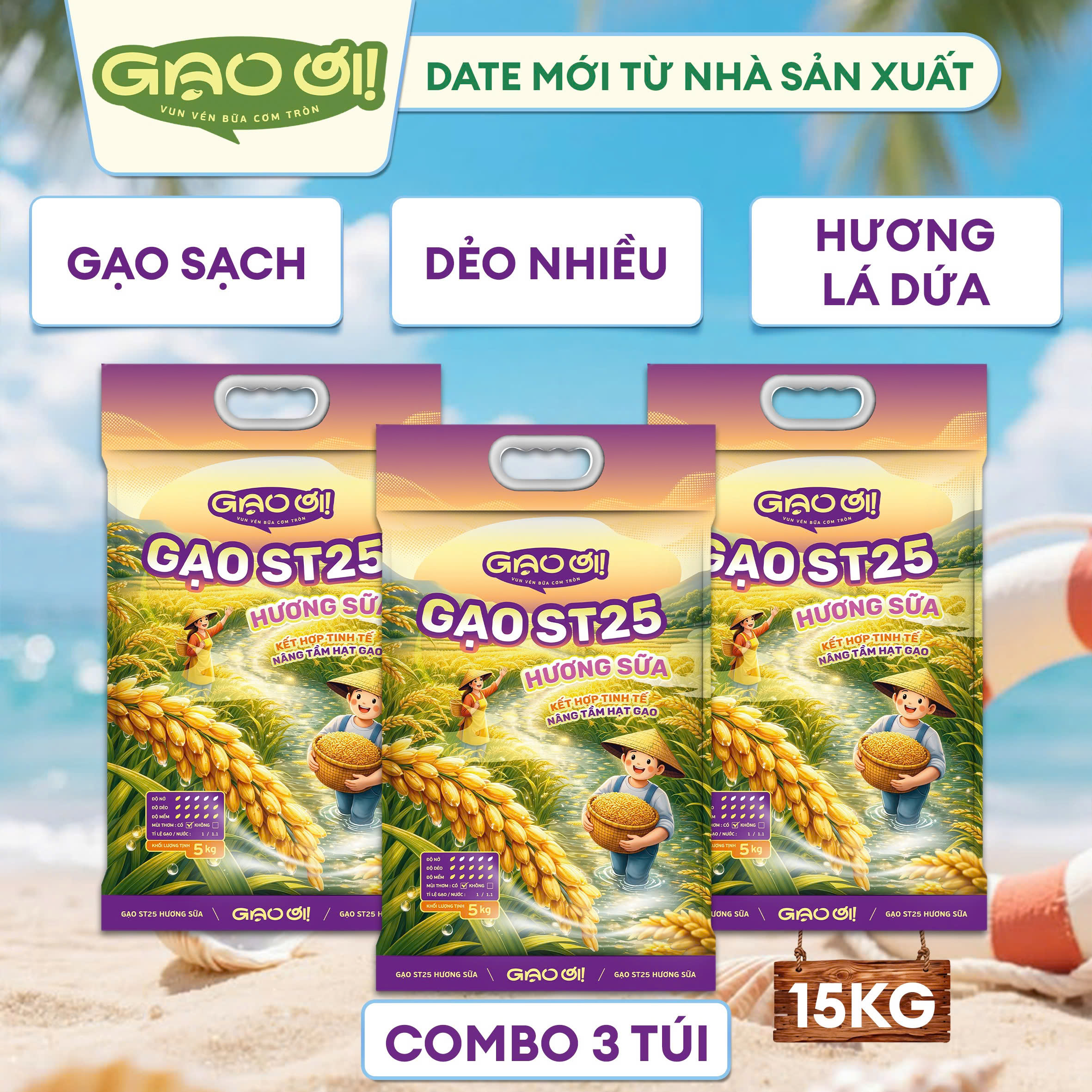 Combo 3 Túi Gạo ST25 Hương Sữa Gạo Ơi Túi 5kg - Chính Hãng Gạo Thơm Ngon Dẻo Nhiều