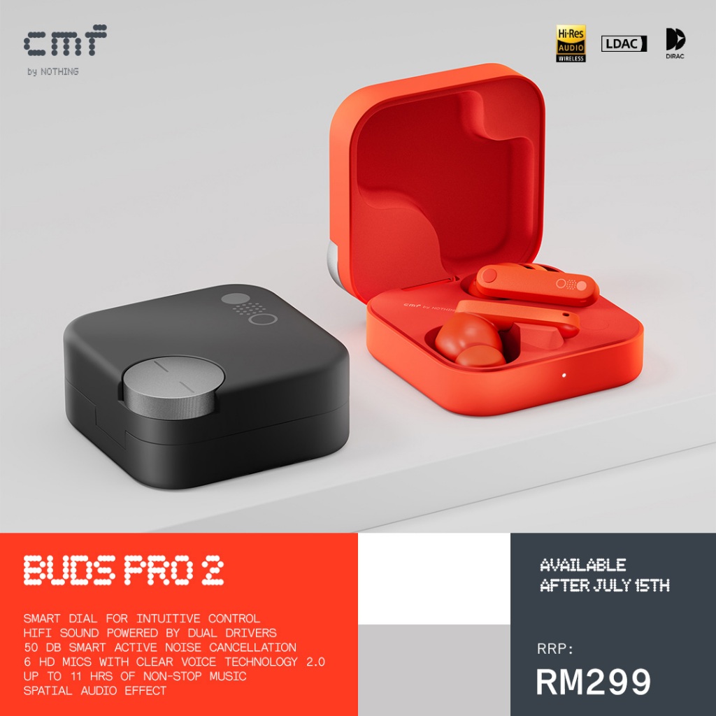 CMF by Nothing Buds Pro 2 | Customizable Smart Dial | Bunyi HI-RES Sound | 50db ANC Pembatalan Bunyi Aktif | 6 HD Mics