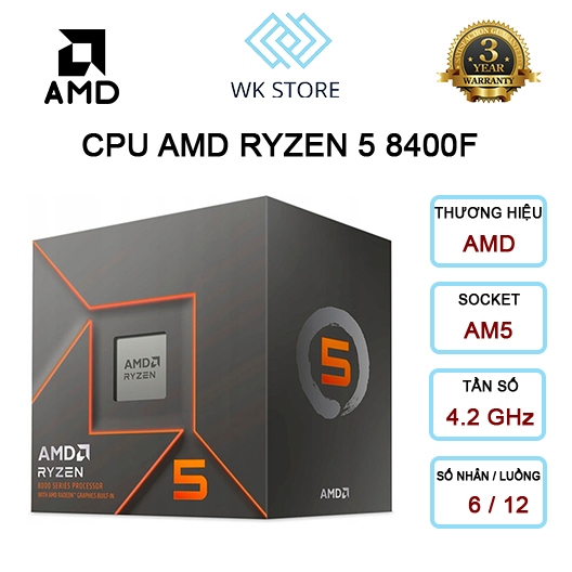 CPU AMD Ryzen 5 8400F | 4.2GHz Boost 4.7GHz | 6 nhân 12 luồng | 22MB | AM5 | Box Bảo hành 36 Tháng | Shopee Việt Nam