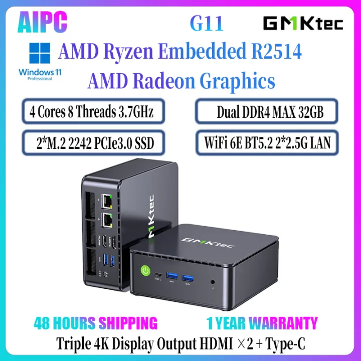 GMKtec G11 MINI PC AMD Ryzen Embedded R2514 DDR4 32GB M.2 PCIe3.0 SSD WiFi 6E BT5.2 2*2.5G LAN 4K Display Office PC