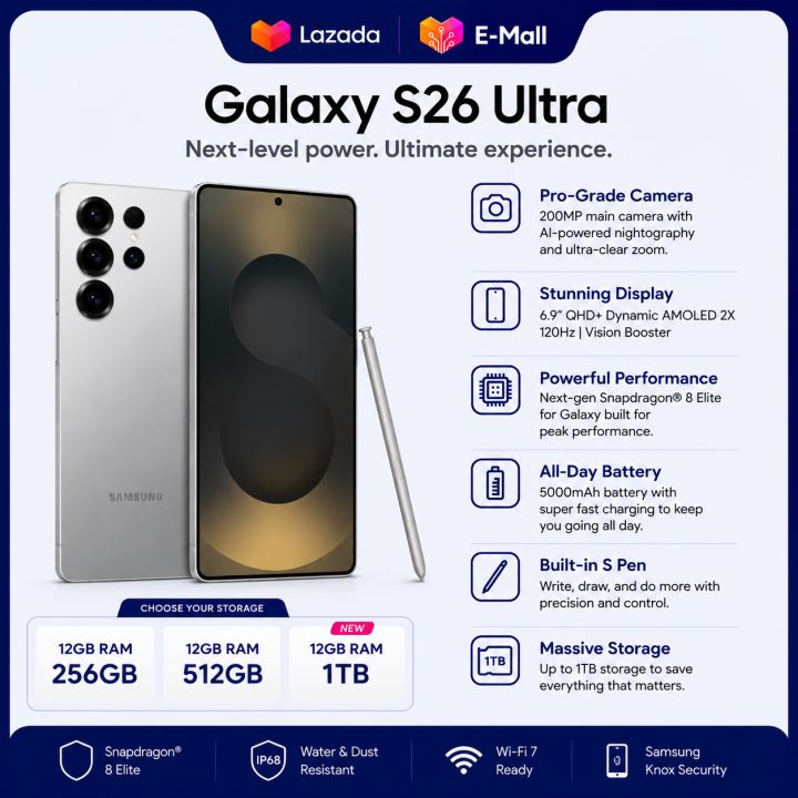 E-Mall | Samsung Galaxy S26 Ultra 5G AI Smartphone | 12GB RAM | 256GB/512GB/1TB | 200MP Camera | Snapdragon | Official Warranty