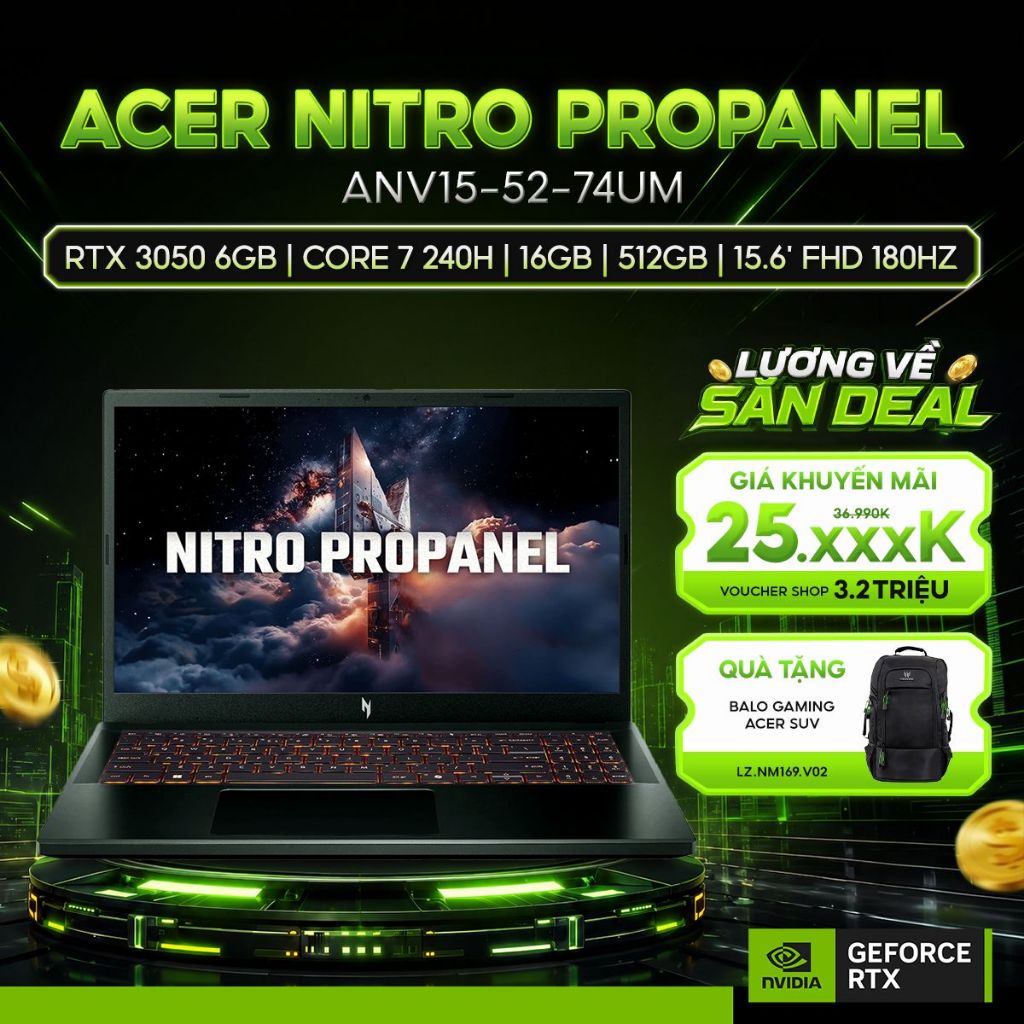 Laptop Gaming Acer Nitro V ProPanel ANV15-52-74UM GeForce RTX™ 3050 6GB / Core 7 240H / 16GB/ 512GB | Shopee Việt Nam