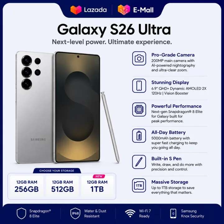 E-Mall | Samsung Galaxy S26 Ultra 5G AI Smartphone | 12GB RAM | 256GB/512GB/1TB | 200MP Camera | Snapdragon | Official Warranty