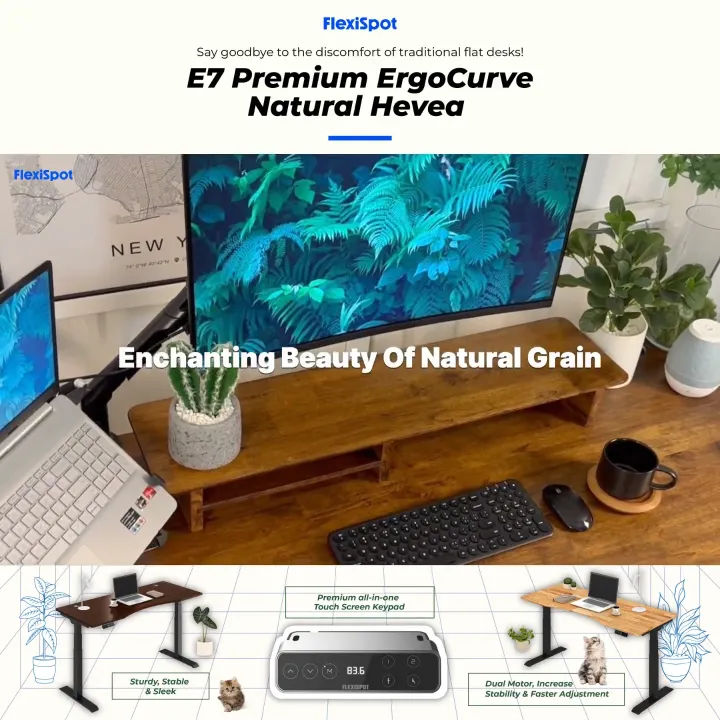 FLEXISPOT Malaysia Natural Hevea ErgoCurve E7 PRO Height Adjustable Standing Desk | Lazada Malaysia