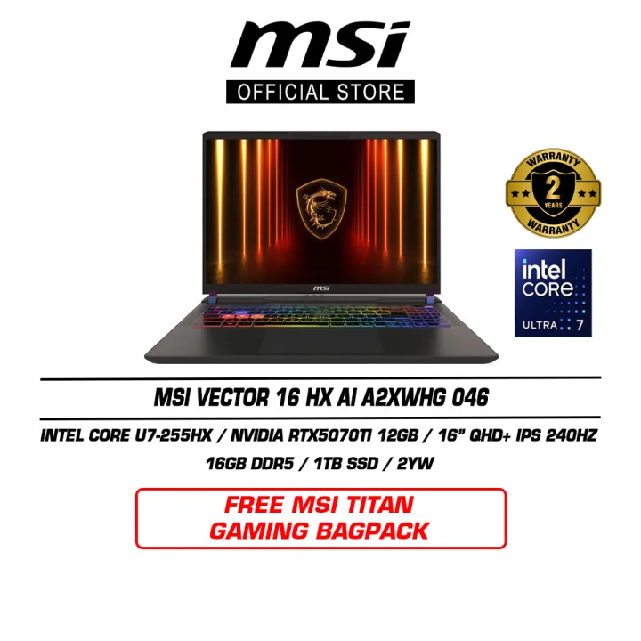 MSI Vector 16 HX AI A2XWHG 046 (16" QHD+ IPS 240Hz | U7-255HX | 16GB DDR5 | 1TB SSD | RTX5070Ti | Win11 | 2Y) | Lazada Malaysia
