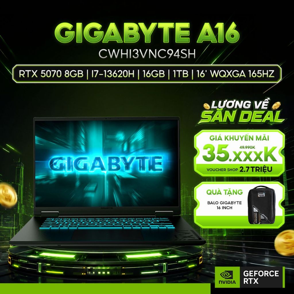 Laptop Gigabyte Gaming A16 CWHI3VNC94SH GeForce RTX™ 5070 8GB / Chip i7-13620H / 16GB / 1TB | Shopee Việt Nam