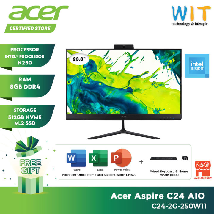 Acer Aspire AIO C24-2G-250W11 (Intel Processor N250/8GB RAM/512GB SSD/23.8" FHD/Office/W11/3 Years Warranty) | Lazada Malaysia