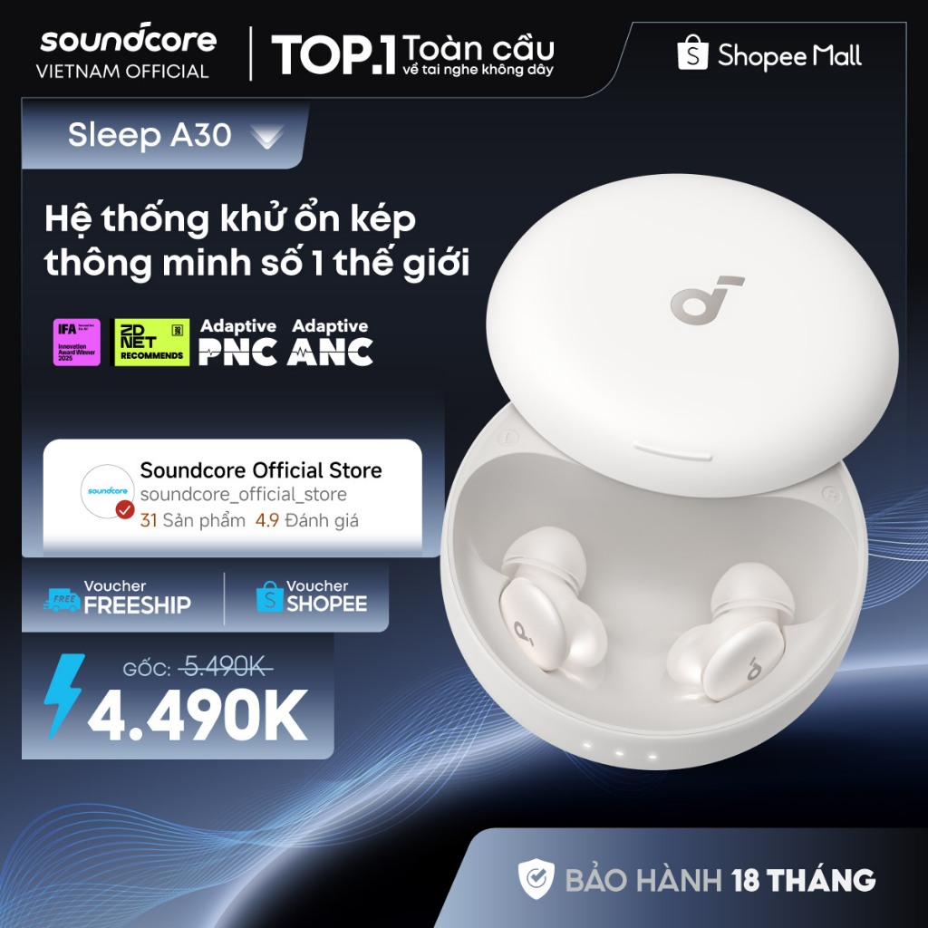 Tai nghe ngủ Soundcore Sleep A30 |Theo dõi giấc ngủ | Làm dịu tiếng ngáy | Âm thanh sóng não AI | Shopee Việt Nam