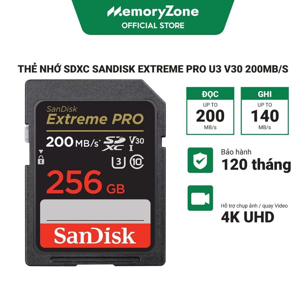 Thẻ nhớ SDXC SanDisk Extreme Pro U3 V30 64GB|128GB|256GB - Tốc độ đọc lên tới 200Mb/s, Bảo hành 120 tháng chính hãng