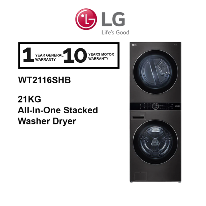 LG 21KG WashTower All-In-One Stacked Washer Dryer WT2116SHB (21KG Heat Pump Dryer and 16KG Front load) Mesin Basuh | Lazada Malaysia
