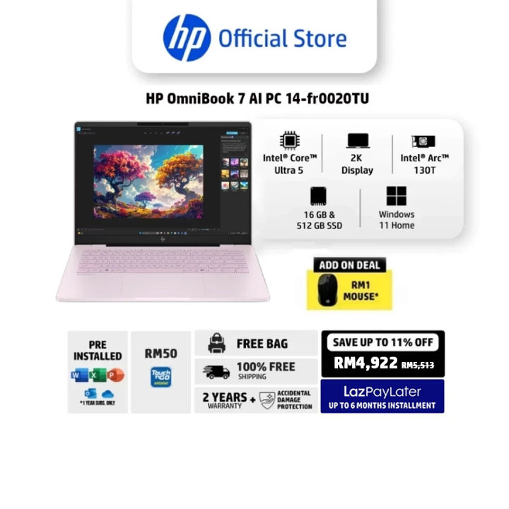 HP OmniBook 7 14 inch Laptop AI 14-fr0020TU | Intel Core Ultra 5 | Intel Arc 130T Graphics | 16GB RAM | 512GB SSD | Windows 11 Home | 2 Year Warranty | Lazada Malaysia